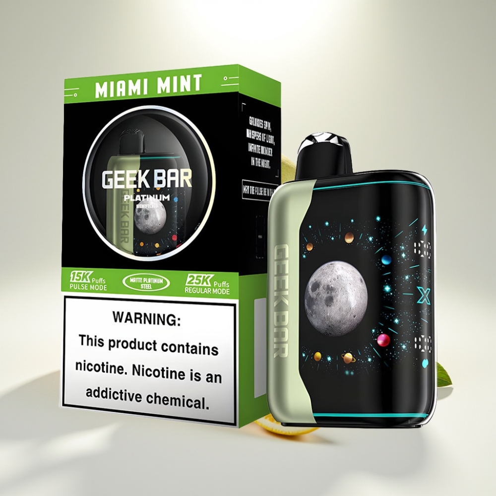GEEK BAR Platinum Edition 25000 Disposable Vape Miami Mäta – 20000 šťahov, Dual Mesh Cievka, 20mL tekutina, 2% nikotín
